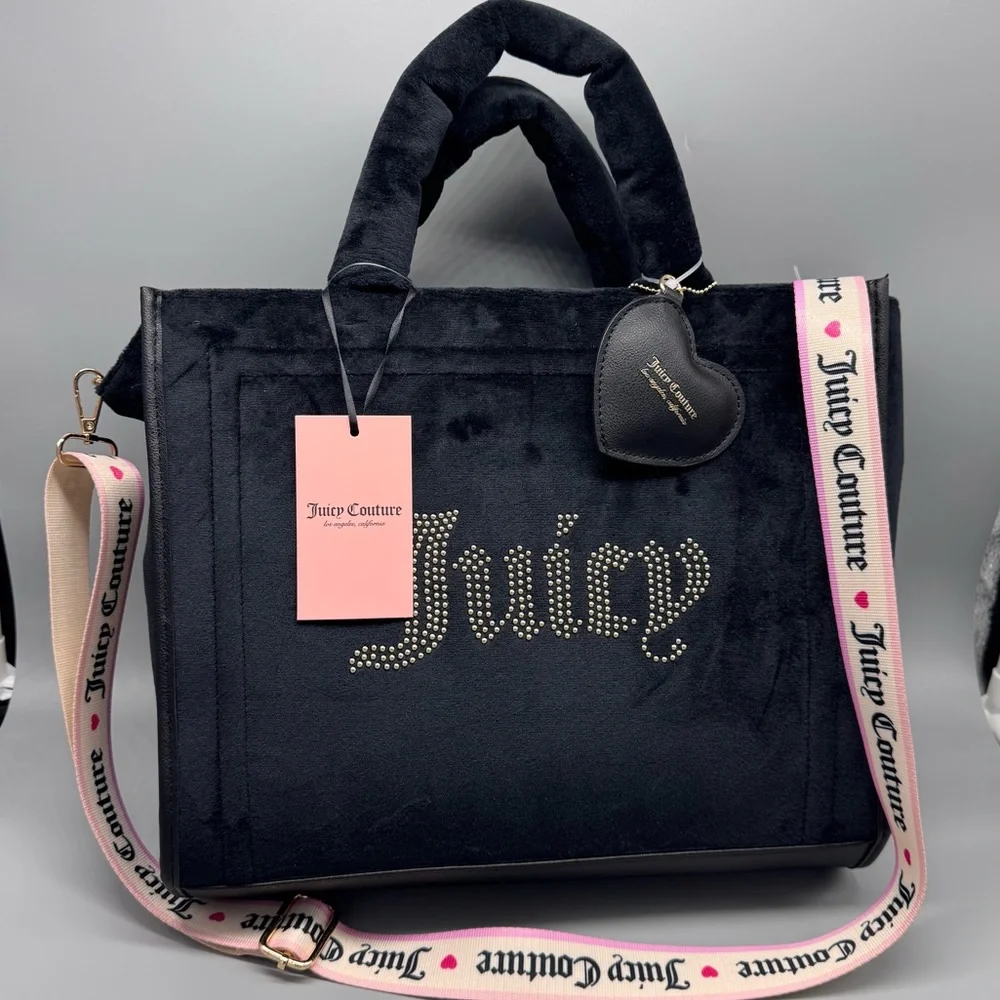 JUICY COUTURE Velour Black Extra Spender Tote Heart Keychain Crossbody Bag NWT